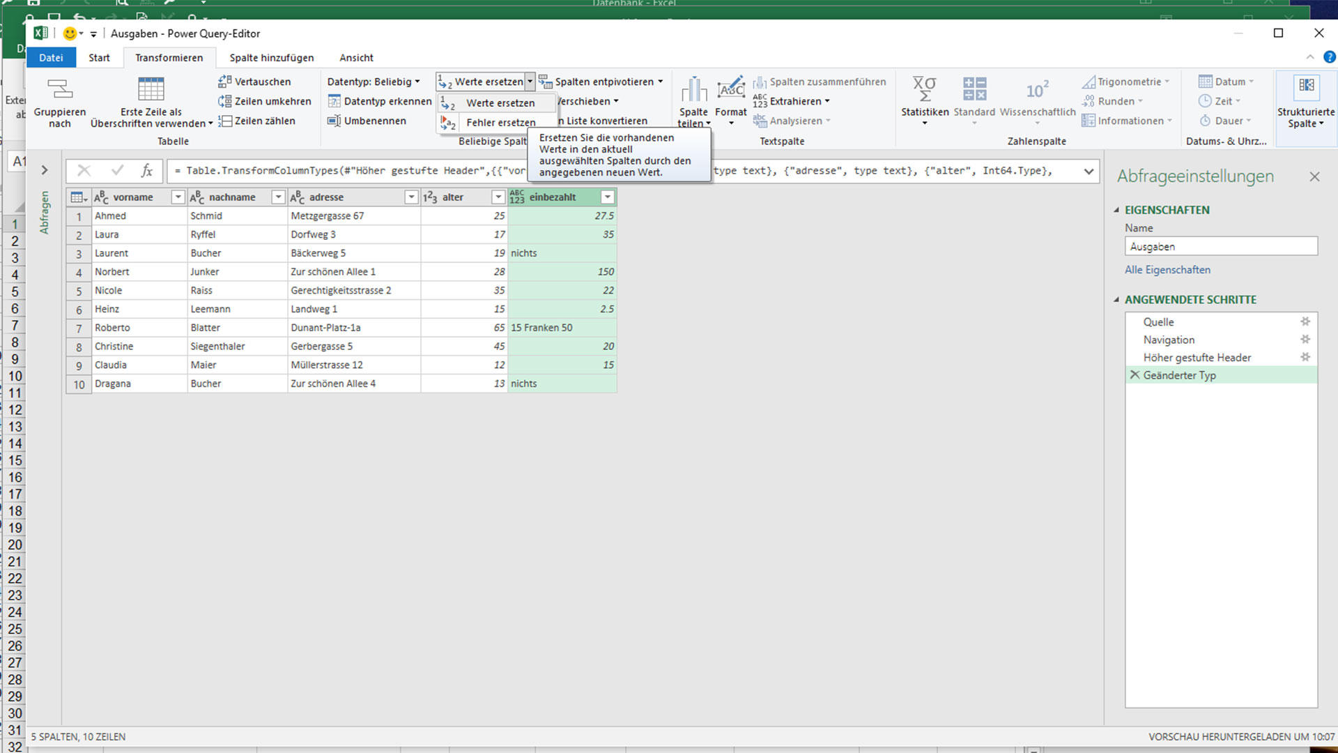 Excel-Tabelle mit geöffneter Registerkarte «Transformieren» und ausgewählter Option «Werte ersetzen».