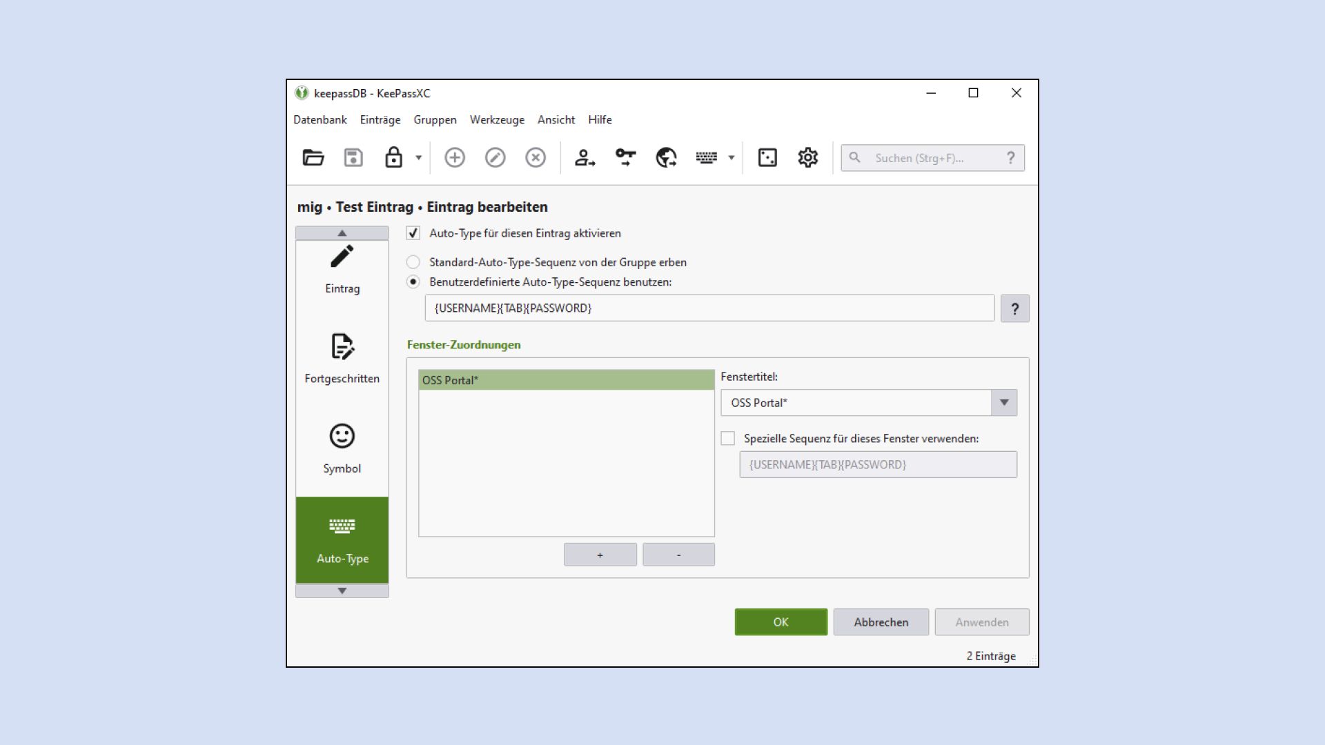 Applikation KeePassXC mit Auto-Type-Einstellungen und der angewählten Option «Benutzerdefinierte Auto-Type-Sequenz benutzen».
