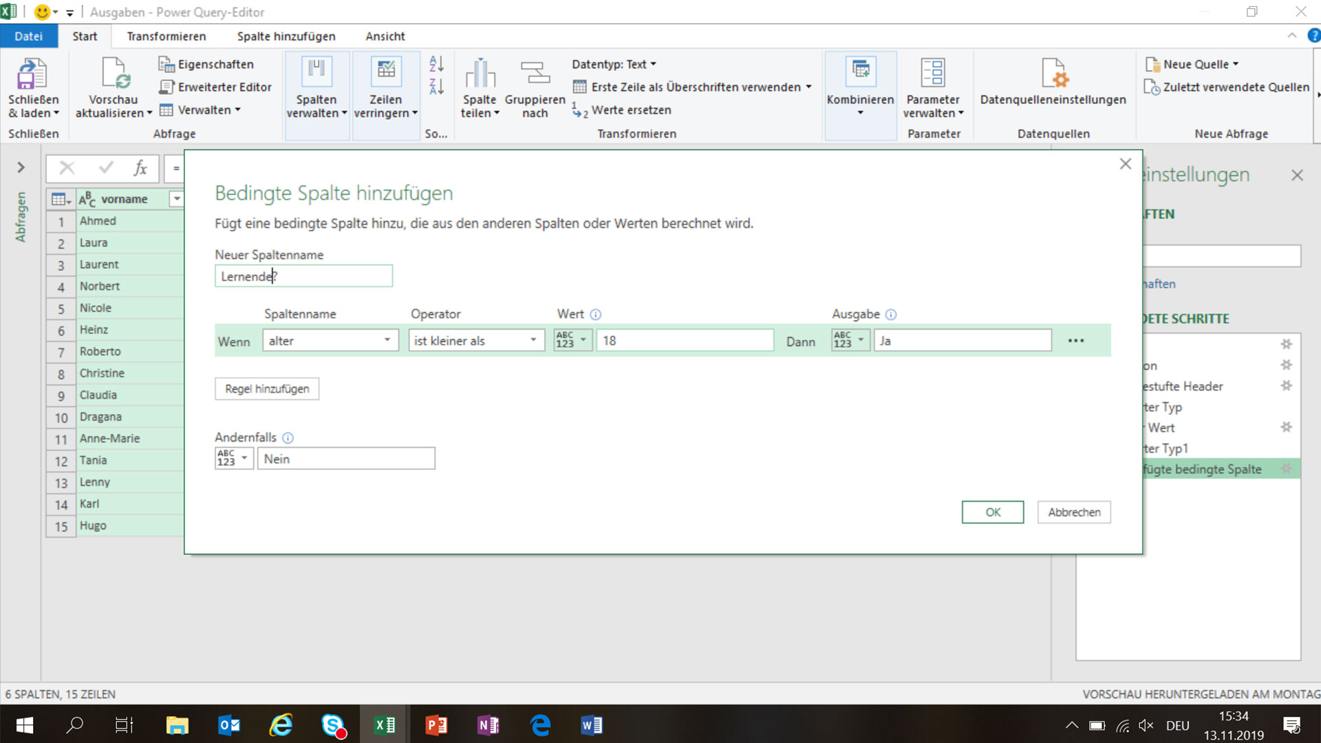 Excel-Tabelle mit geöffneter Registerkarte «Spalte hinzufügen».