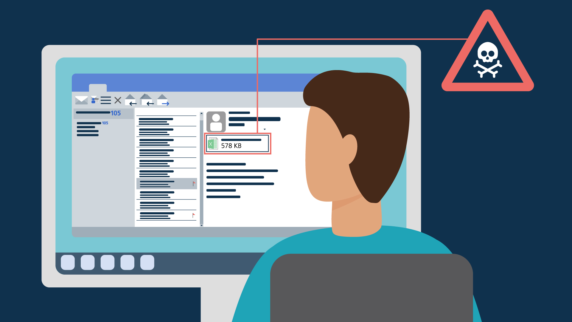 Person vor Desktop mit geöffnetem Mail-Postfach und angewählter E-Mail mit rot markiertem Excel-Dokument als Anhang und einer roten Linie nach rechts zur einer Visualisierung eines roten Warn-Dreiecks mit Totenkopf-Symbol.