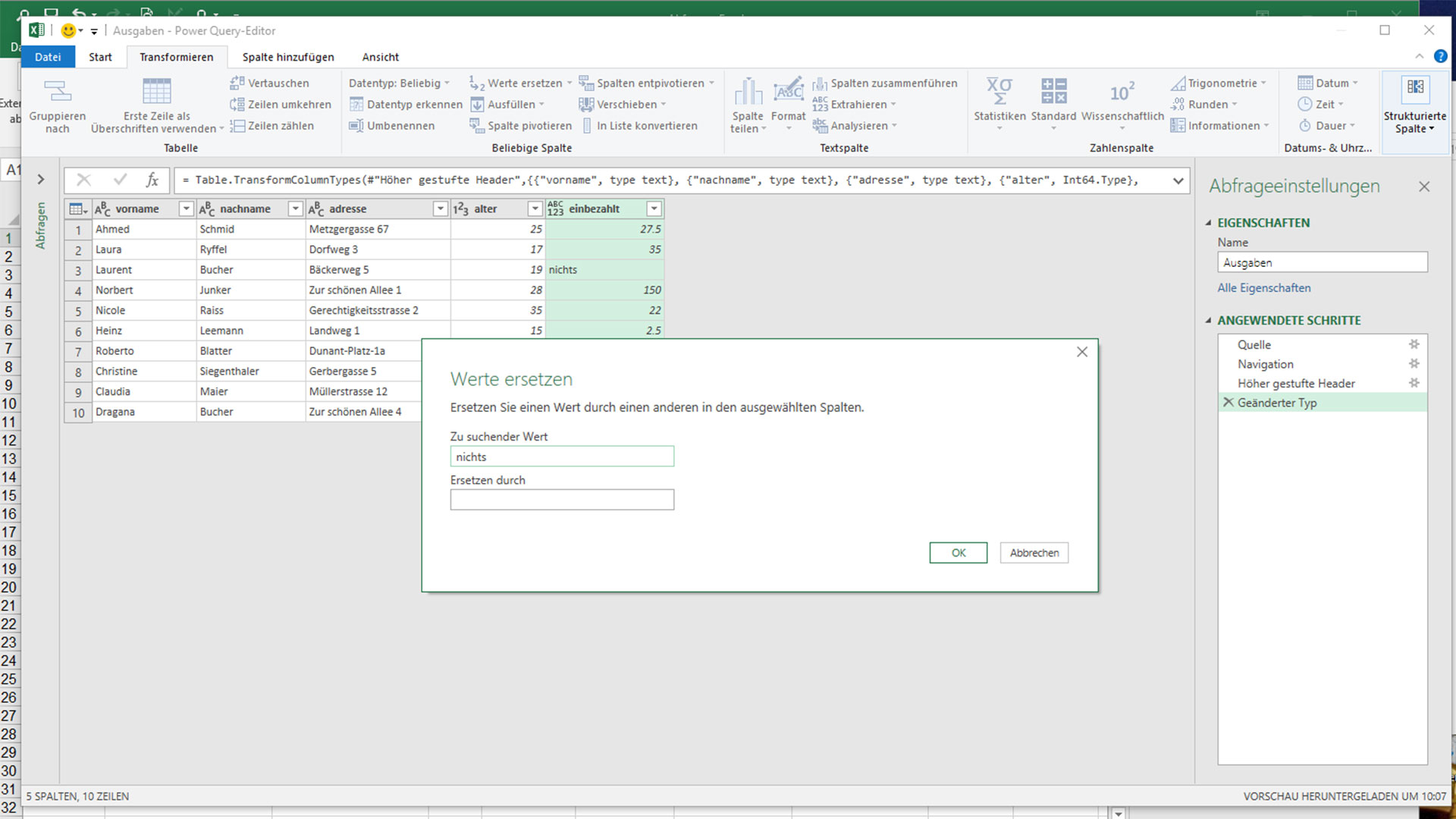 Excel-Tabelle mit Dialogfenster «Werte ersetzen».