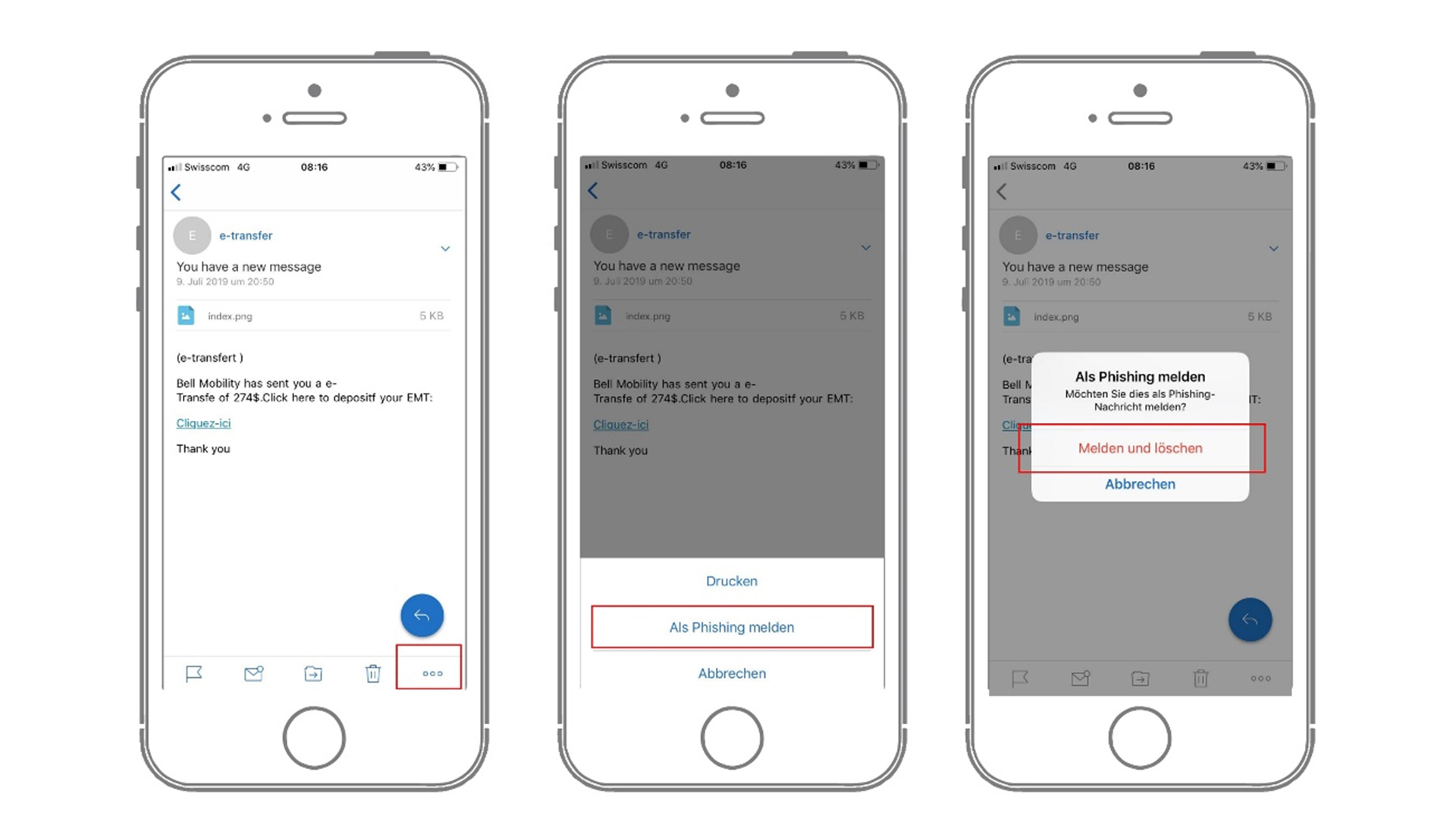 App «Secure Mail» mit angewähltem Menüpunkt «Phishing melden».