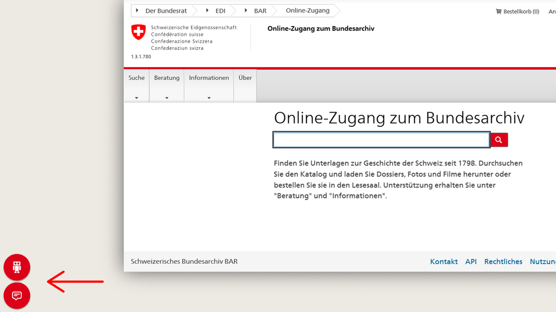 Webseite BAR mit Pfeil auf Chat- und Chatbot-Button.