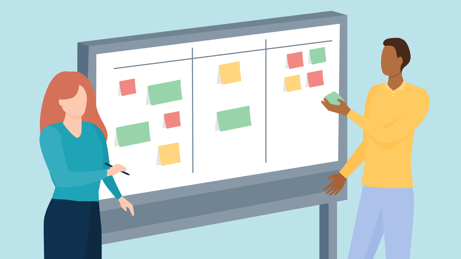 Zwei stehende Personen vor einer Tafel mit einem Kanban und Post-its.