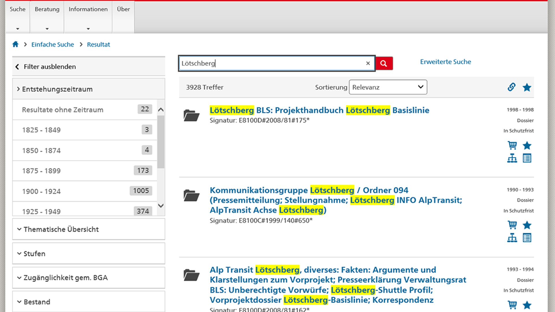 Suchmaschine des Bundesarchivs mit Volltextsuche und Ergebnisliste.