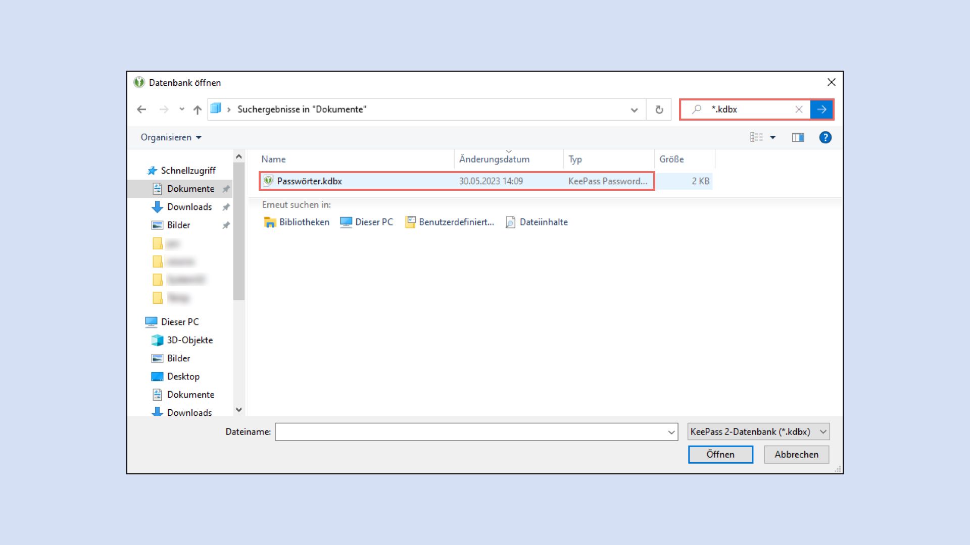 Applikation KeePassXC mit Dialogfenster «Datenbank öffnen» und rot markierter Datei mit Endung «*.kdbx».