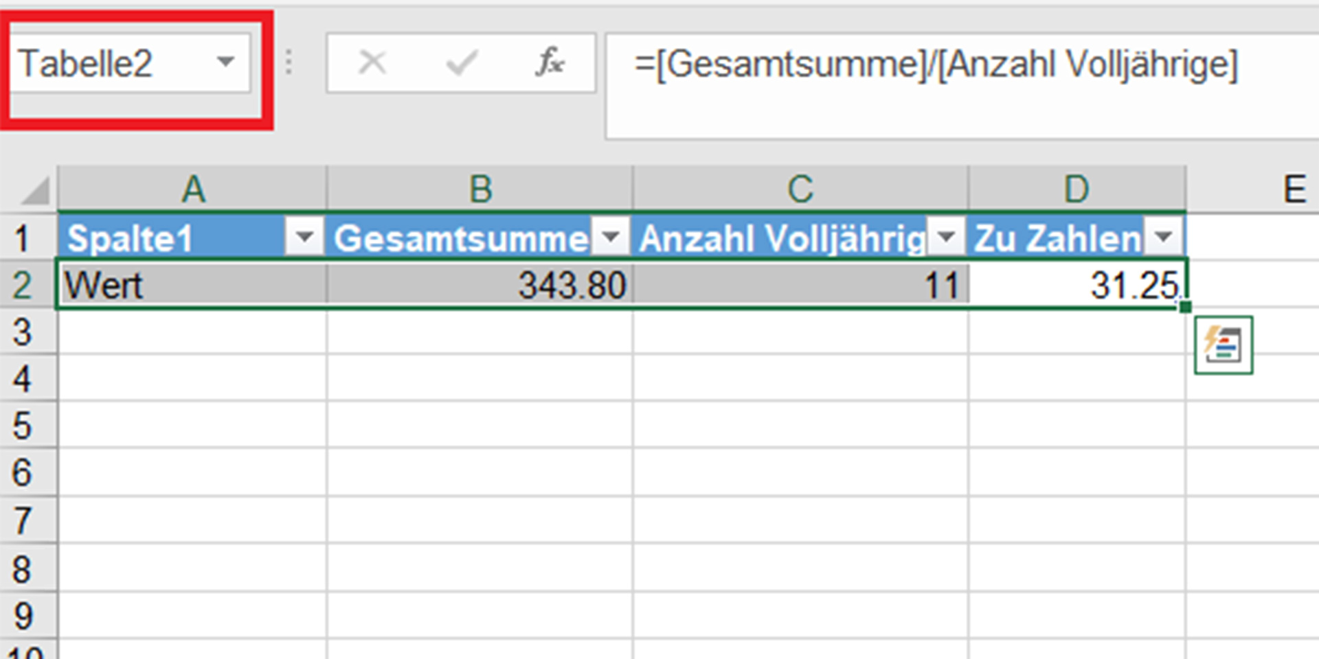 Excel-Tabelle mit markierten Daten und angezeigtem Tabellennamen oben links.