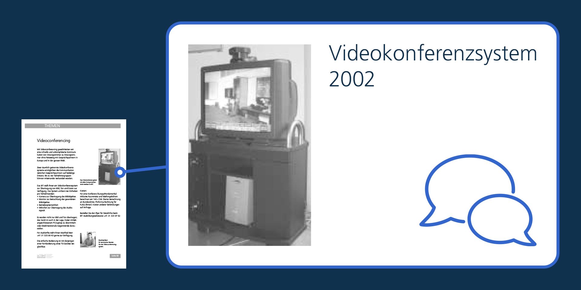 Ausschnitt der Eisbrecher-Ausgabe Nr. 0 mit Videokonferenzsystem 2002 bestehend aus einem Röhrenmonitor, Kamera, Mikrofon und einer Betriebssystemeinheit. 