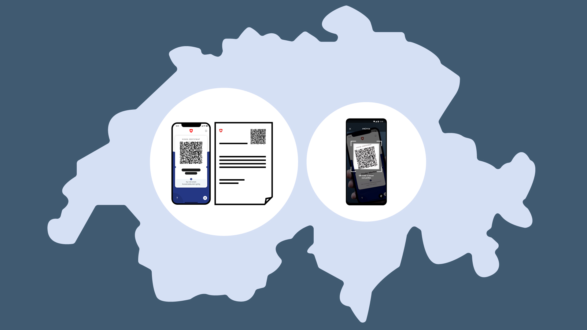 Schweizer Landesumriss mit «COVID Certificate»-App und «COVID Certificate Check»-App