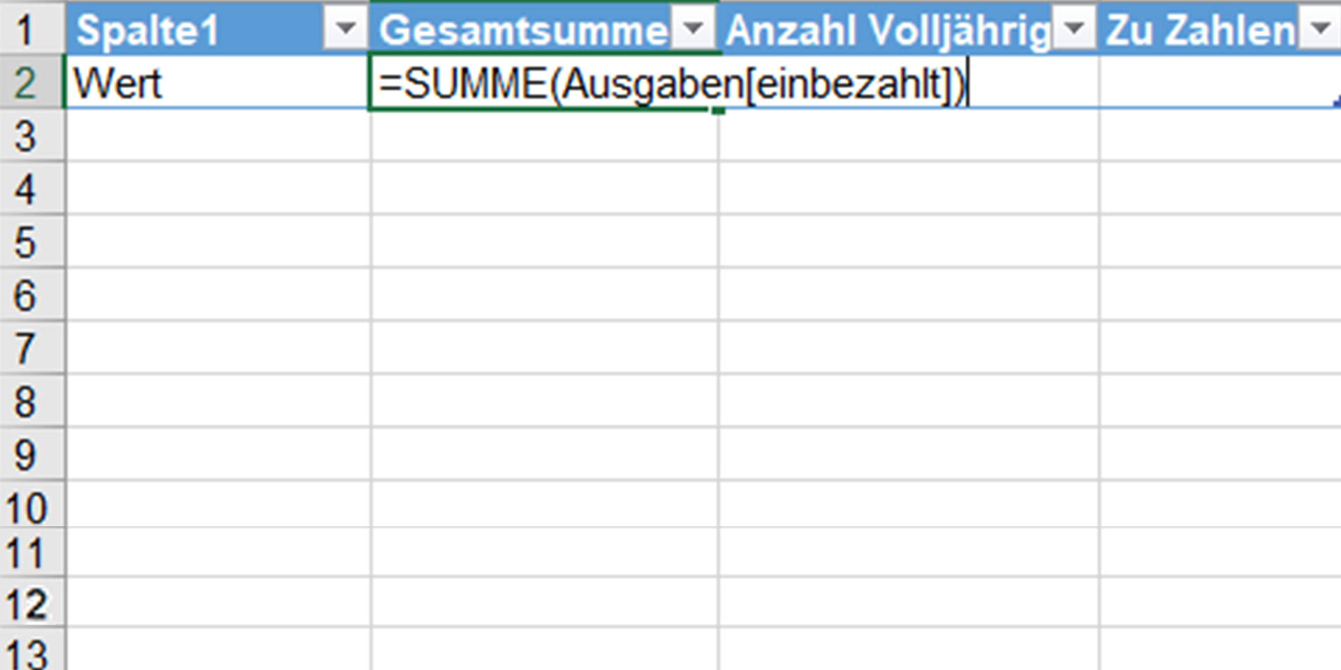 Excel-Tabelle angewähltes Feld mit Formel der Gesamtsumme.