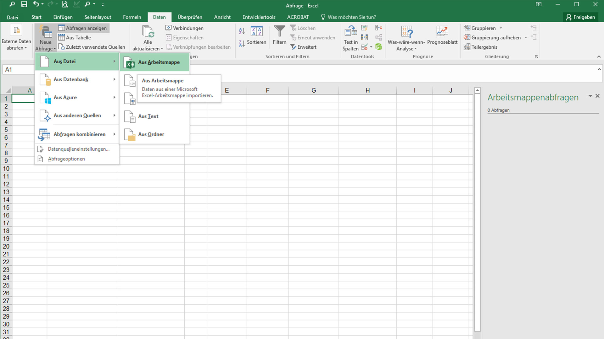 Excel-Tabelle mit ausgewählter Option «Neue Abfrage».