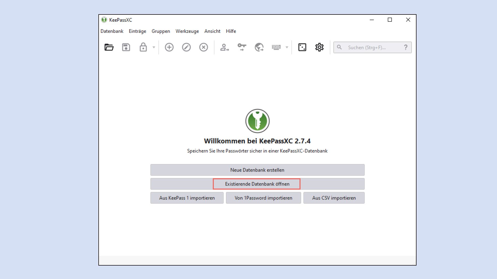 Applikation KeePassXC mit rot markiertem Button «Existierende Datenbank öffnen».