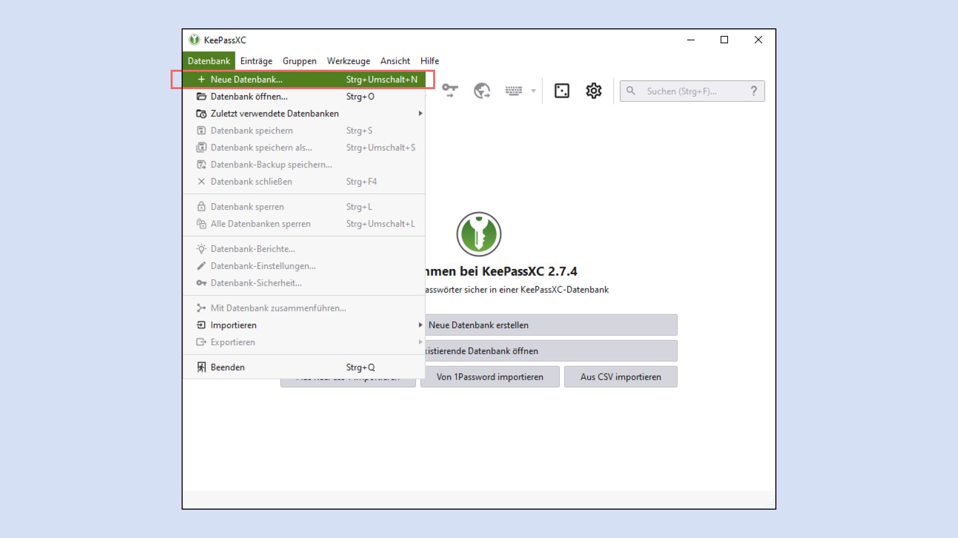 Applikation KeePassXC mit rot markiertem Menüpunkt «Datenbank» und die Option «Neue Datenbank…».