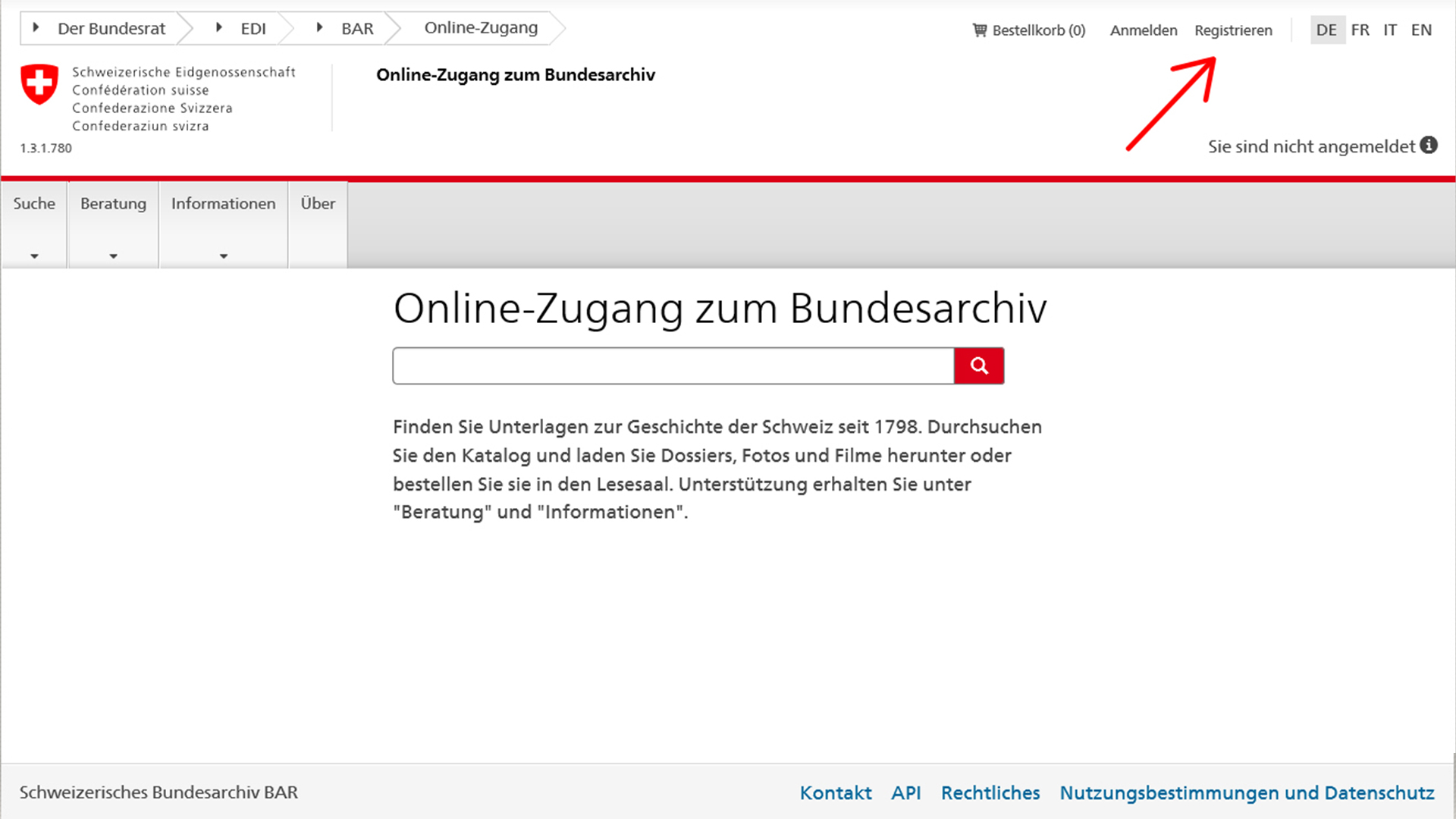 Webseite BAR mit Pfeil auf Menüpunkt «Registrieren» für Online-Zugang zum Bundesarchiv.
