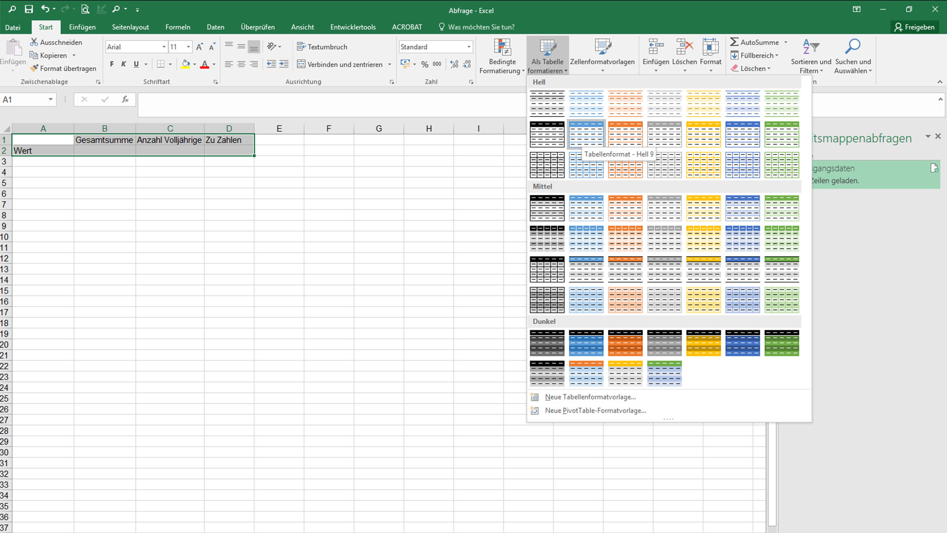 Excel-Tabelle mit geöffneter Registerkarte «Start» und geöffnetem Auswahlfenster «Als Tabelle formatieren».