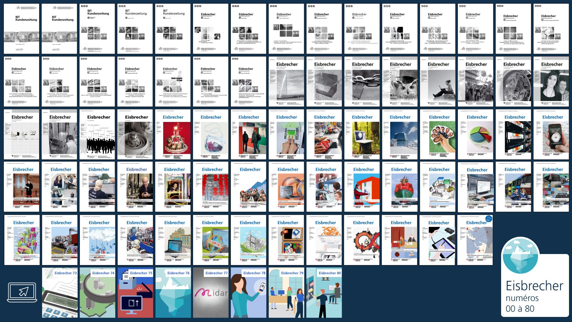 Vue d’ensemble des premières de couverture des éditions 1 à 80 du magazine « Eisbrecher ».