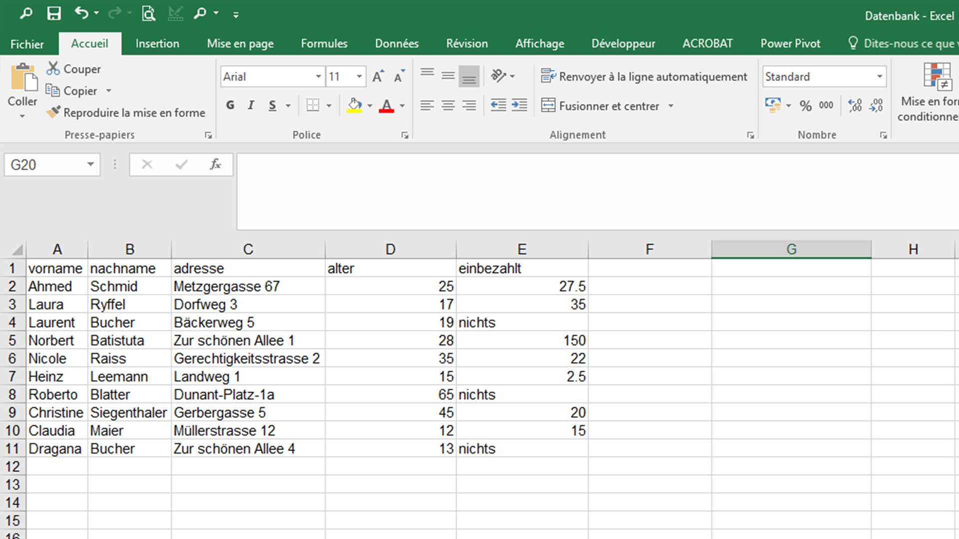 Tableau Excel avec des données de base.