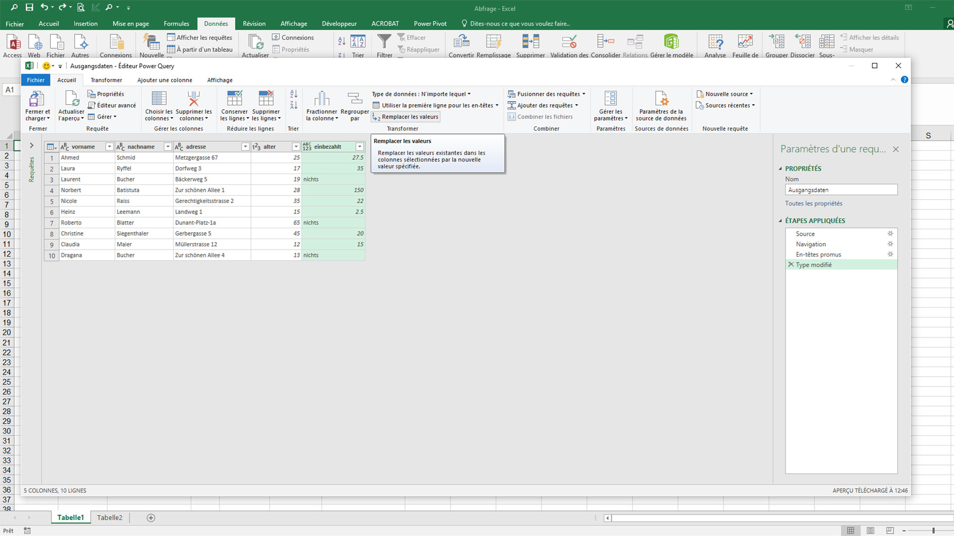 Tableau Excel avec l’onglet «Transformer» ouvert et l’option «Remplacer les valeurs» sélectionnée.