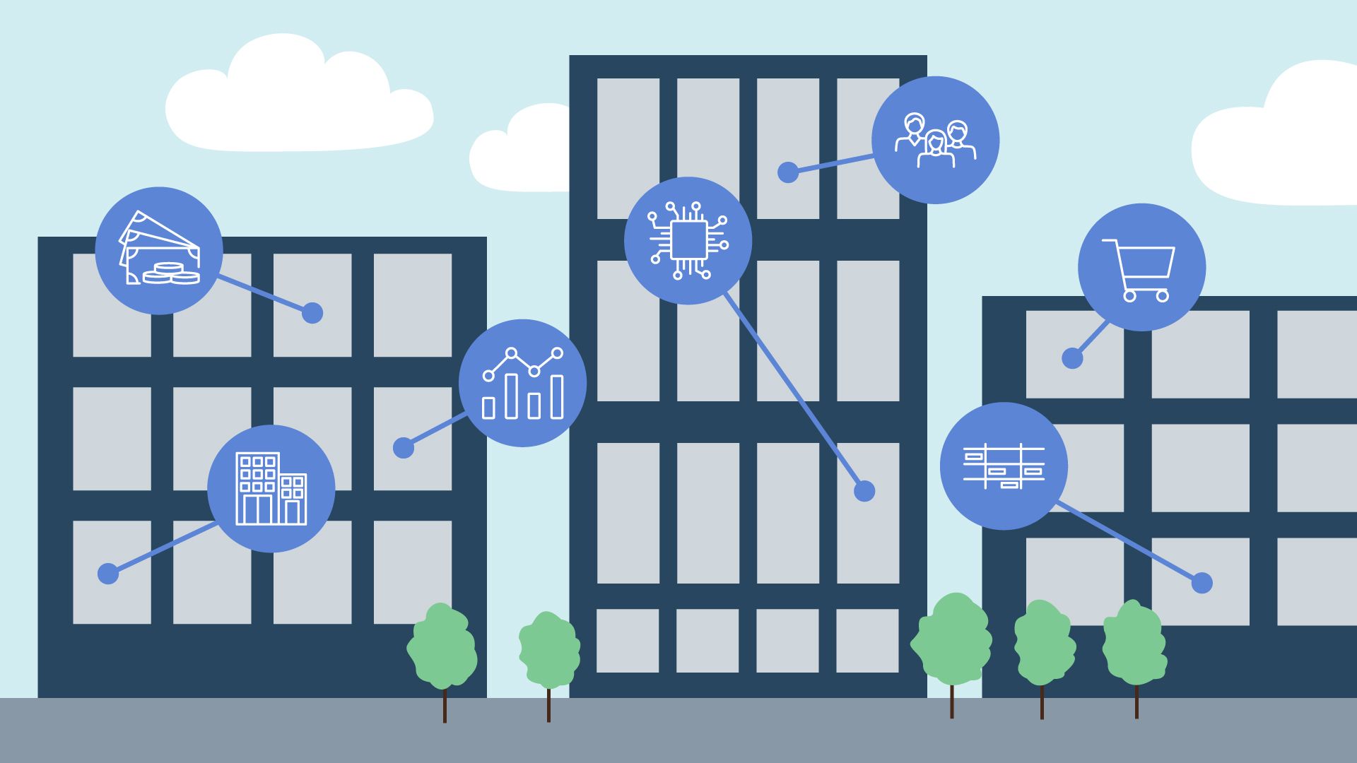 Trois bâtiments de bureaux avec des icônes représentant les processus d’assistance des domaines Finances, Achats et logistique, Immobilier, Personnel, Technologie et Gestion de projets et du portefeuille.