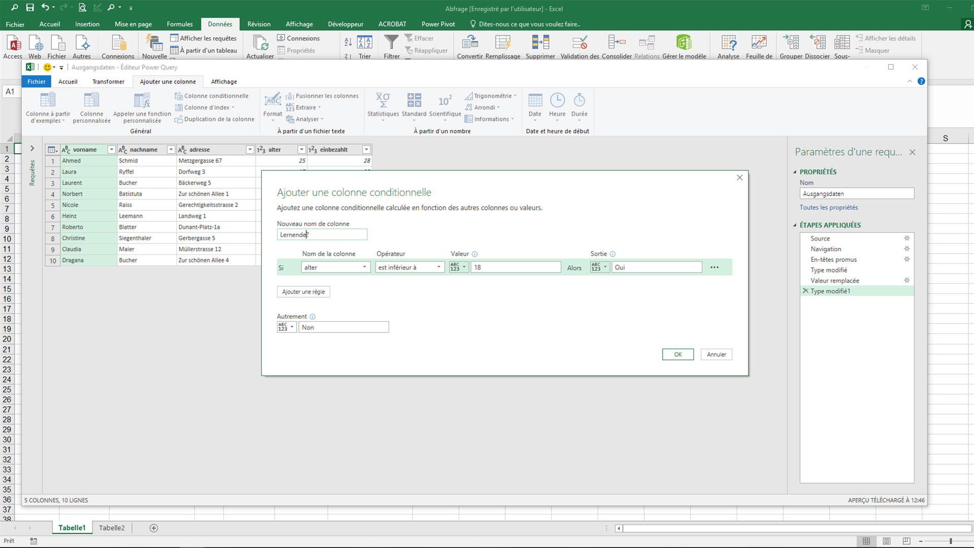 Tableau Excel avec l’onglet «Ajouter une colonne conditionnelle».