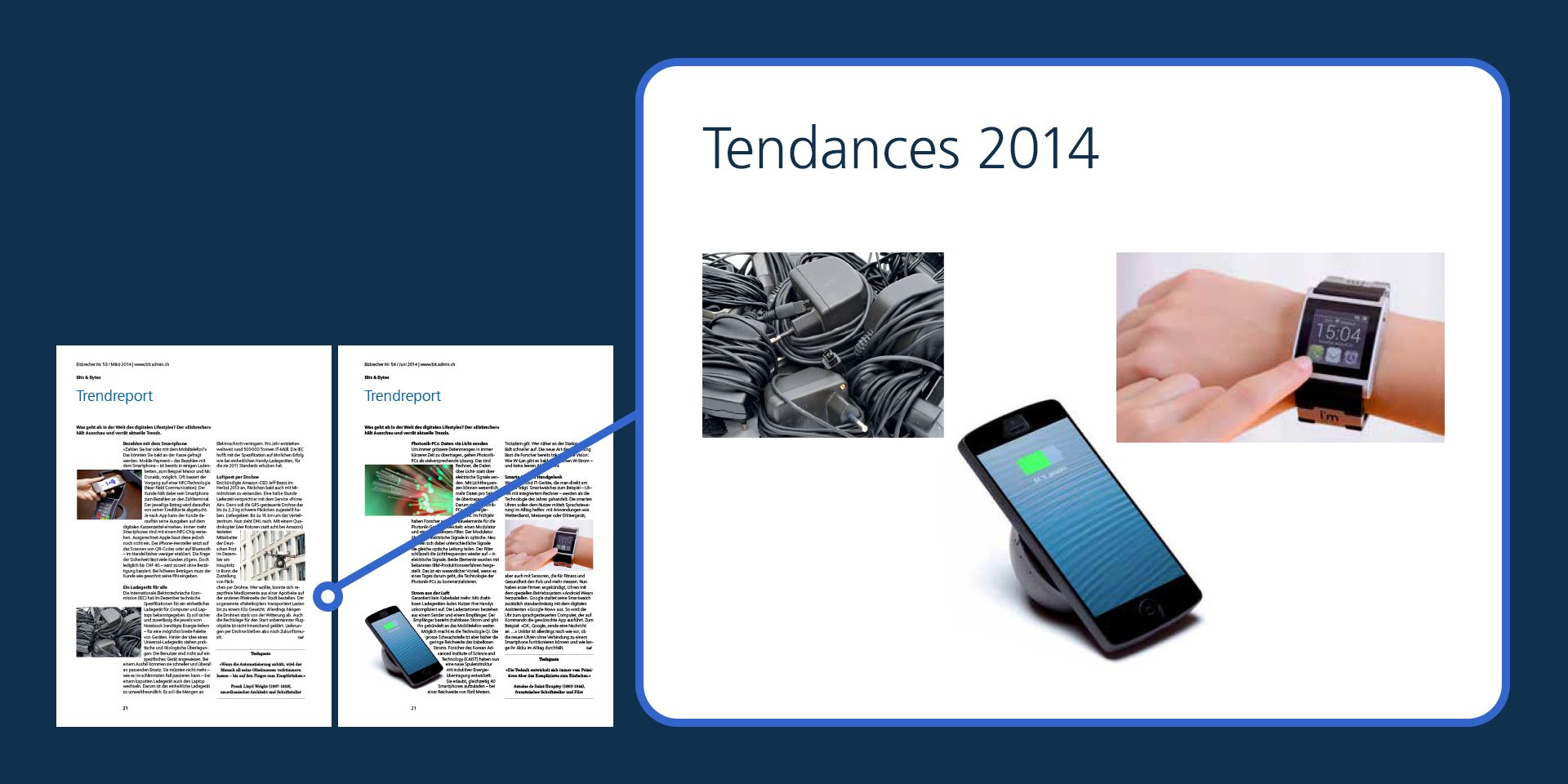 Extrait des numéros 53 et 54 du magazine « Eisbrecher » avec un rapport des tendances de 2014 : chargeurs universels, recharge par induction, montres connectées.