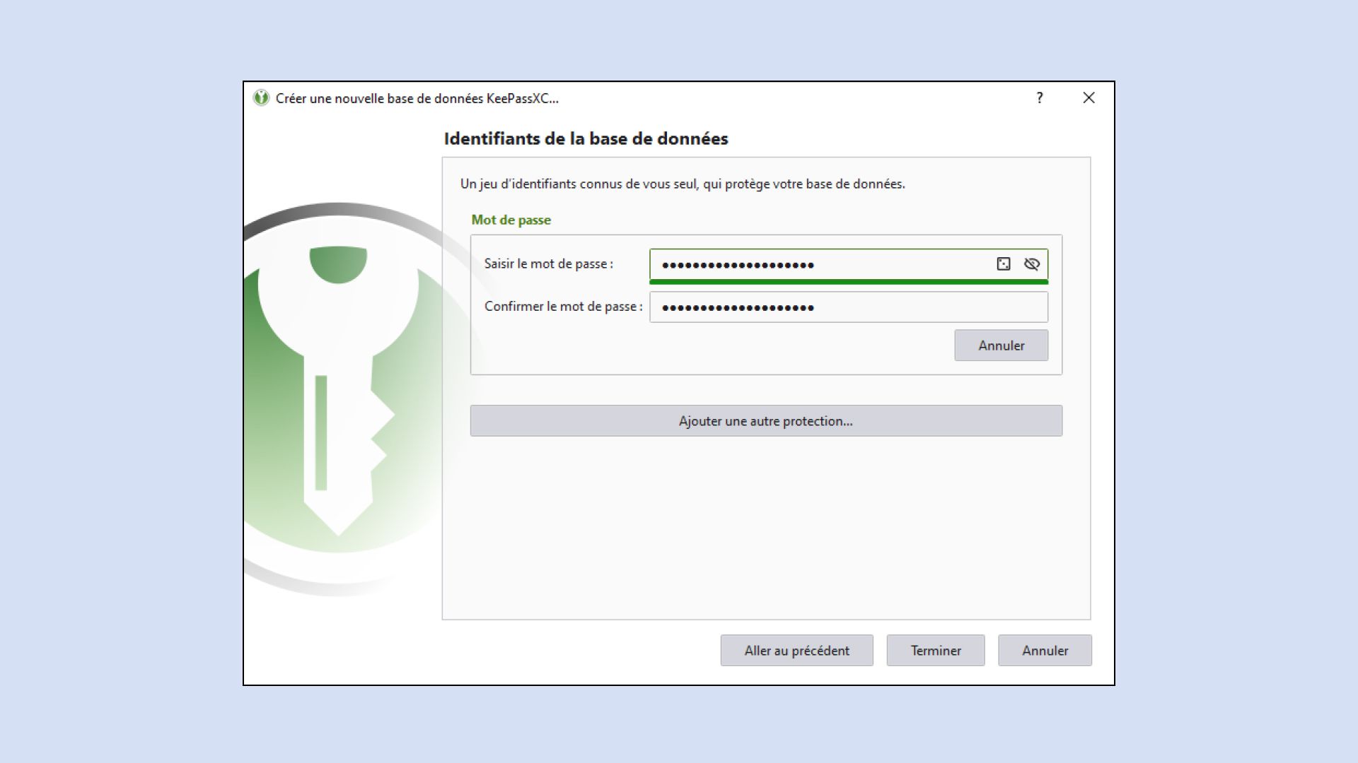 Interface de l’application KeePassXC affichant la boîte de dialogue « Identifiants de la base de données » et avec un mot de passe saisi dans le champ.