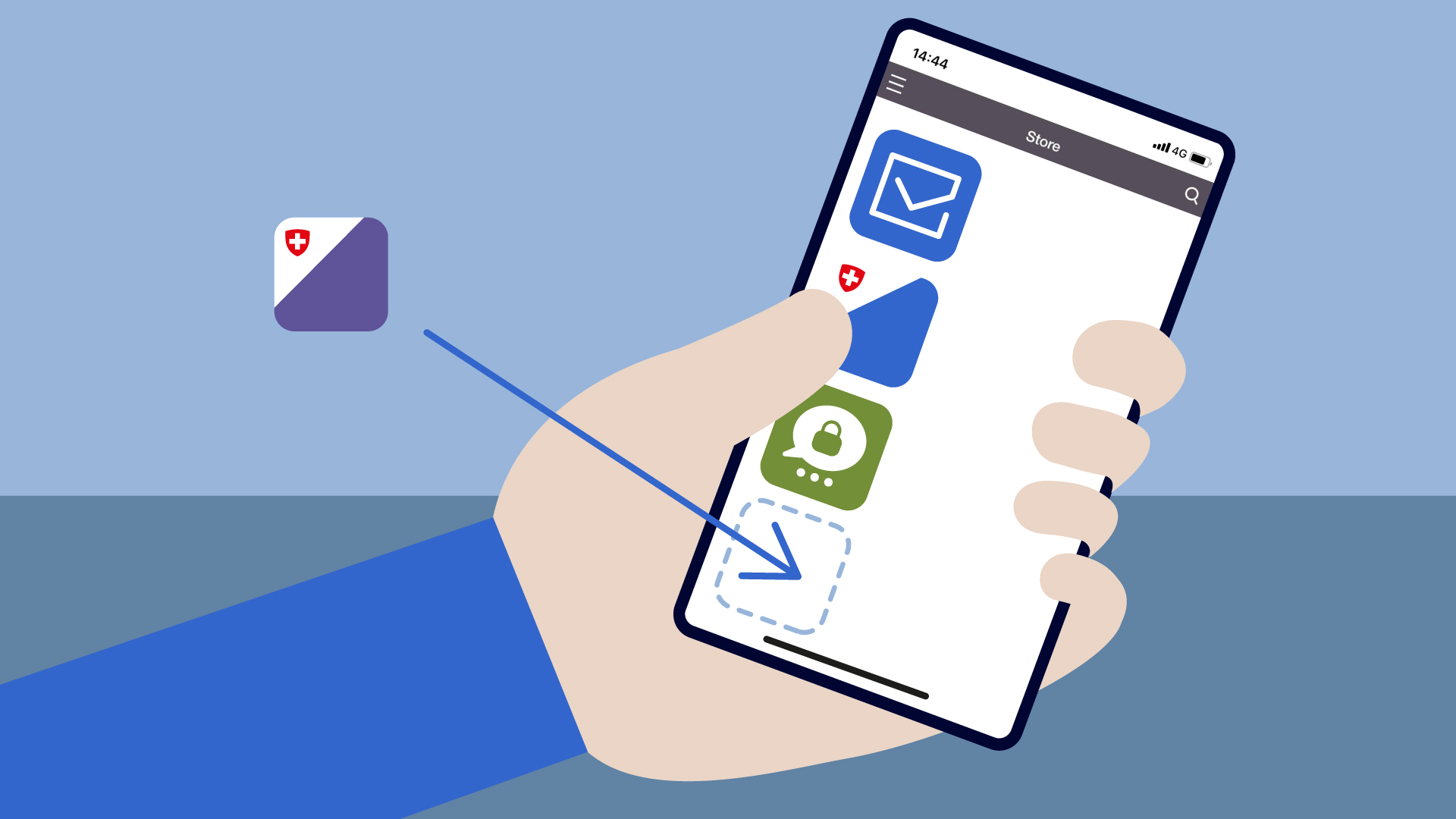 Application spécialisée avec un flèche indiquant l’App Store de la Confédération sur un smartphone.