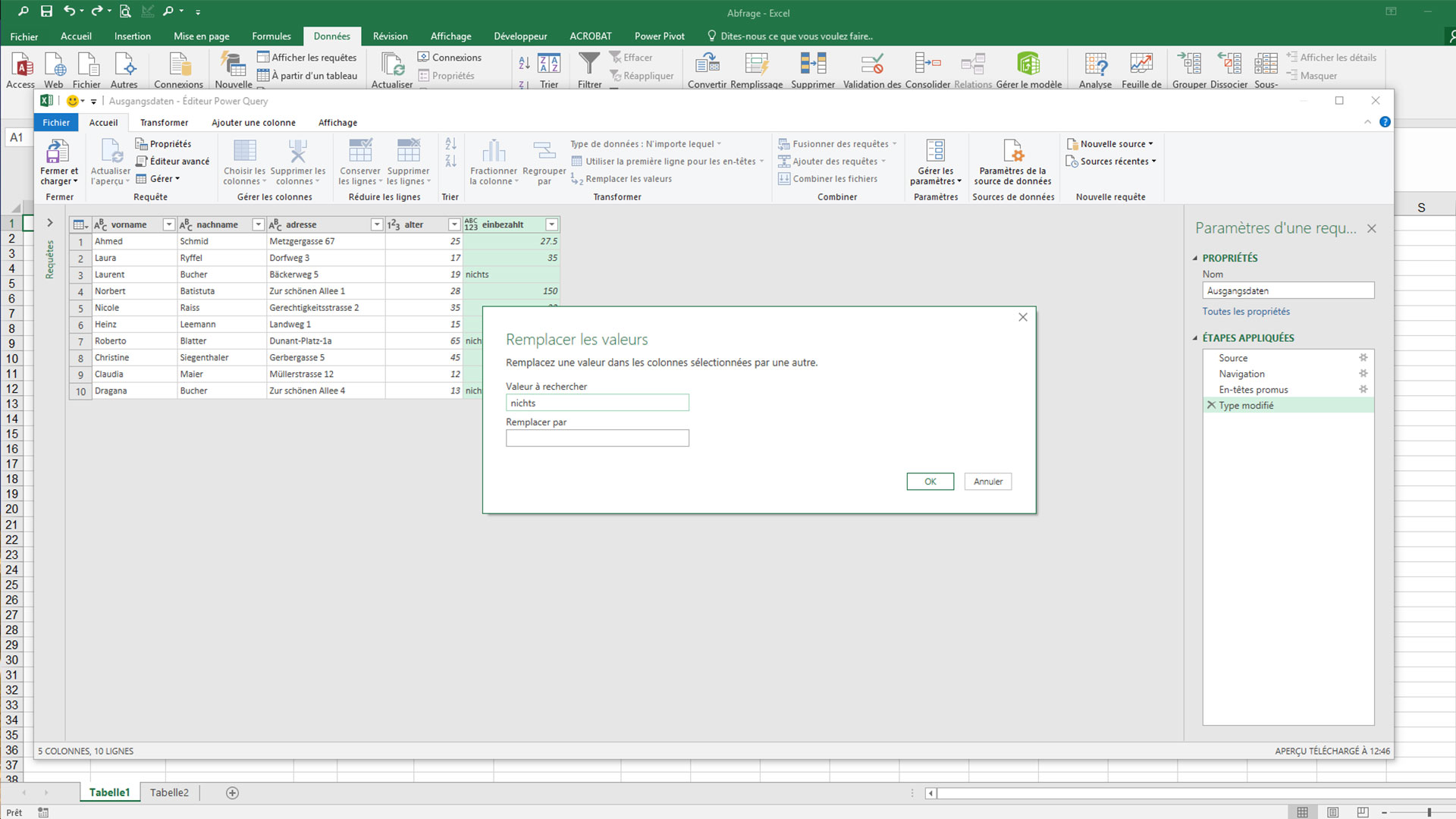 Tableau Excel avec la fenêtre de dialogue «Remplacer les valeurs».