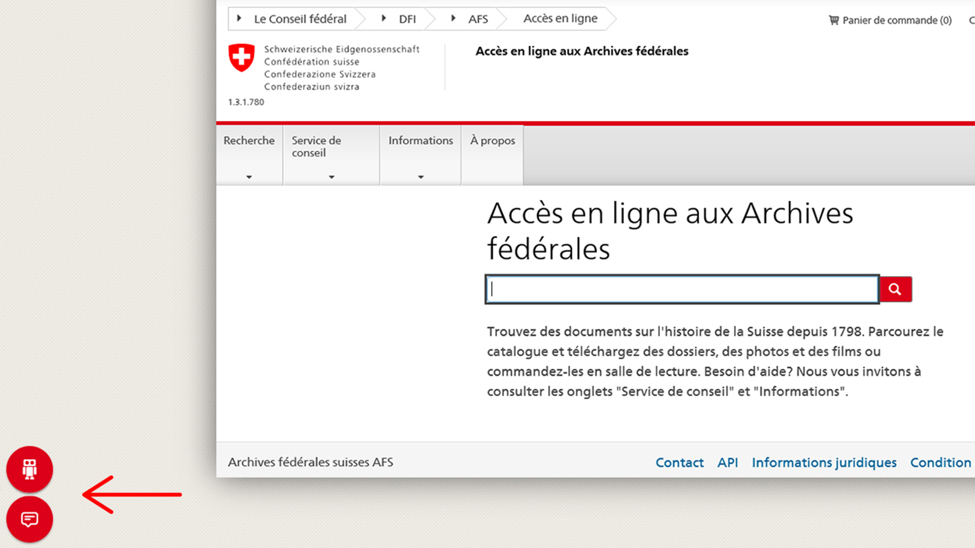 Site Internet des Archives fédérales avec une flèche indiquant les boutons du chat et du chatbot.