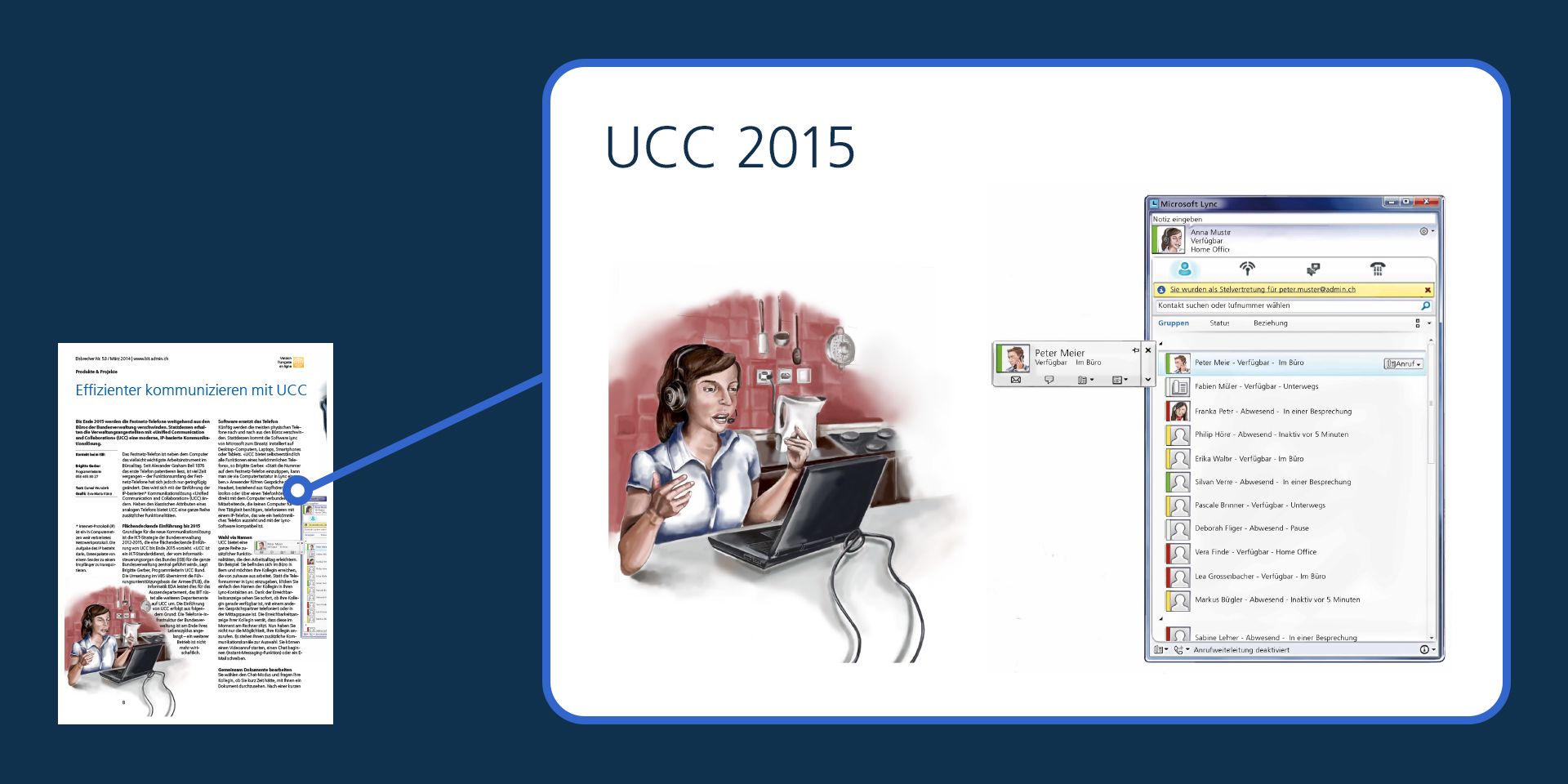 Extrait du numéro 53 du magazine « Eisbrecher » avec une illustration d’une personne portant un casque audio, assise devant un ordinateur portable, et de l’interface UCC.