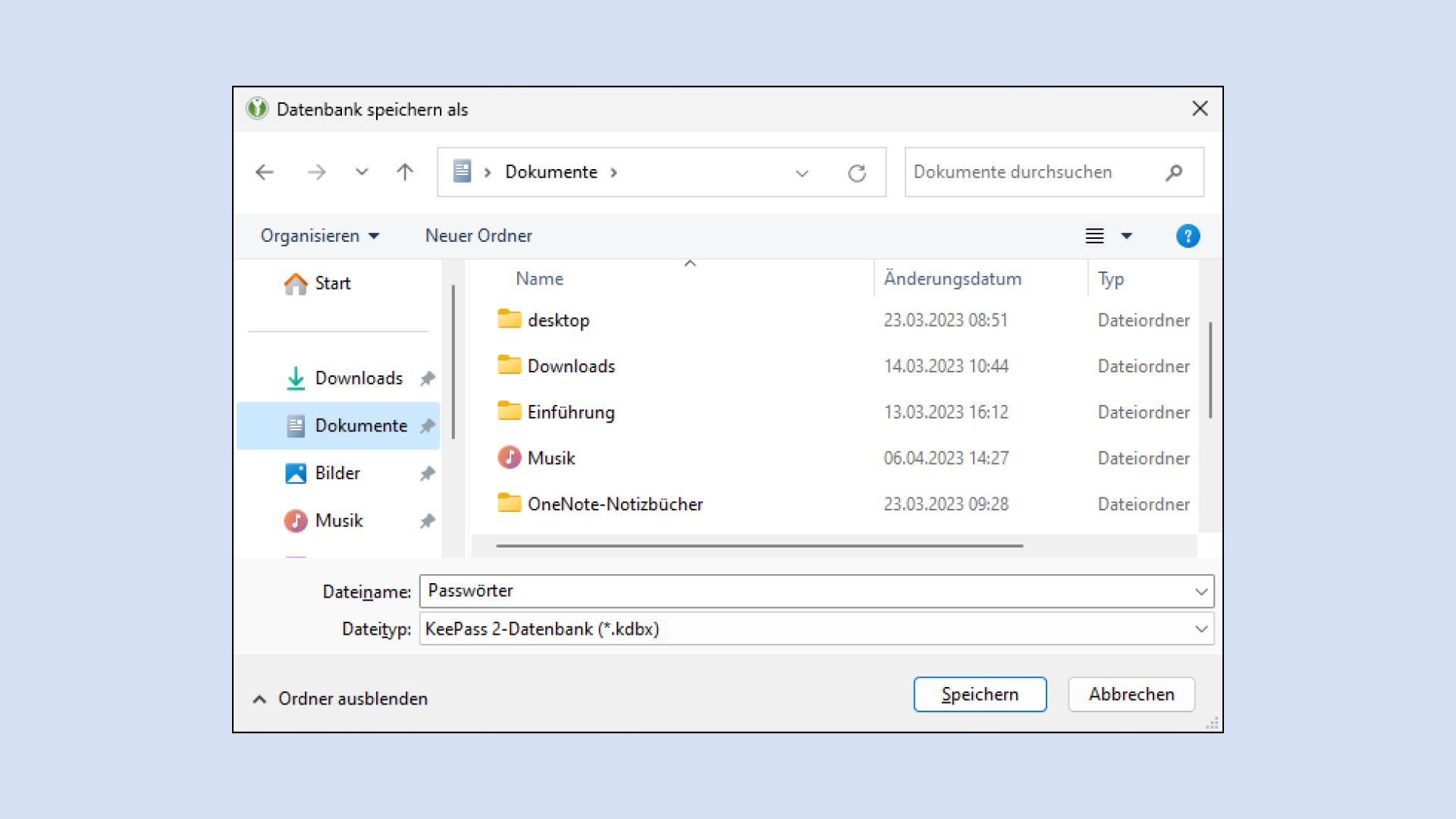 Interface de l’application KeePassXC affichant la boîte de dialogue « Enregistrer la base de données sous... » et le classeur « Documents » sélectionné comme emplacement de sauvegarde.