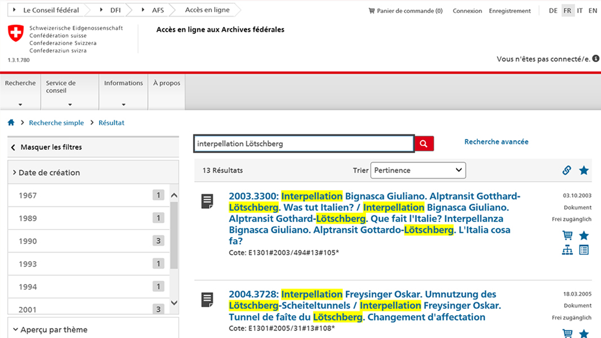 Moteur de recherche des Archives fédérales affichant une recherche plein texte et une liste de résultats.