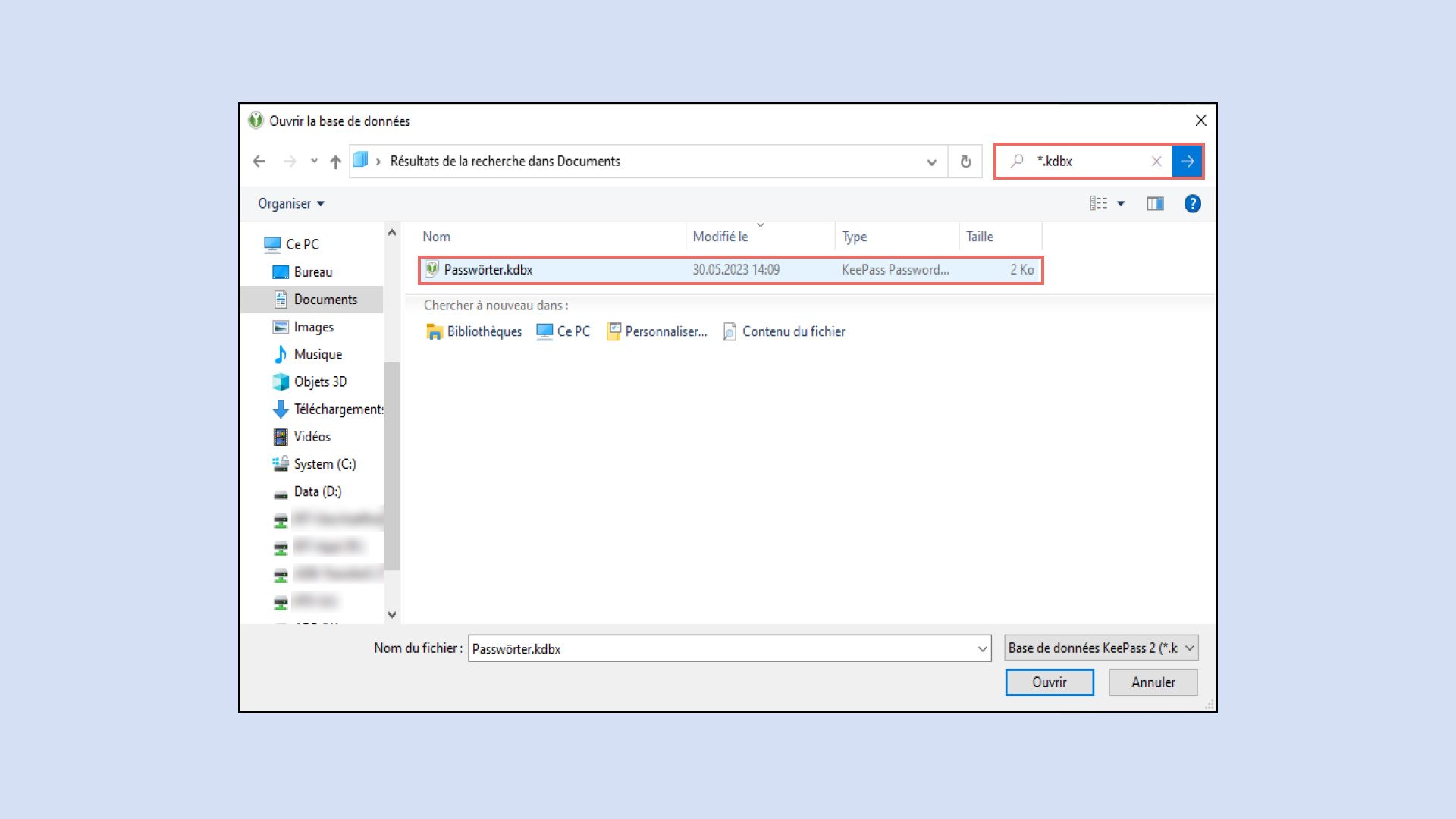 Interface de l’application KeePassXC affichant la boîte de dialogue « Ouvrir la base de données » et un fichier au format « *.kdbx » entouré en rouge.