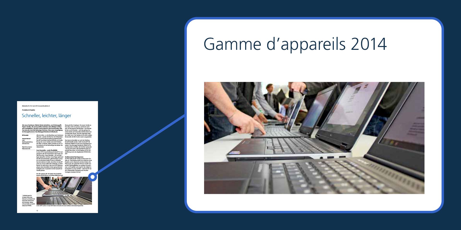 Extrait du numéro 54 du magazine « Eisbrecher » avec des clients examinant les modèles d’exposition de différents appareils électroniques en 2014.
