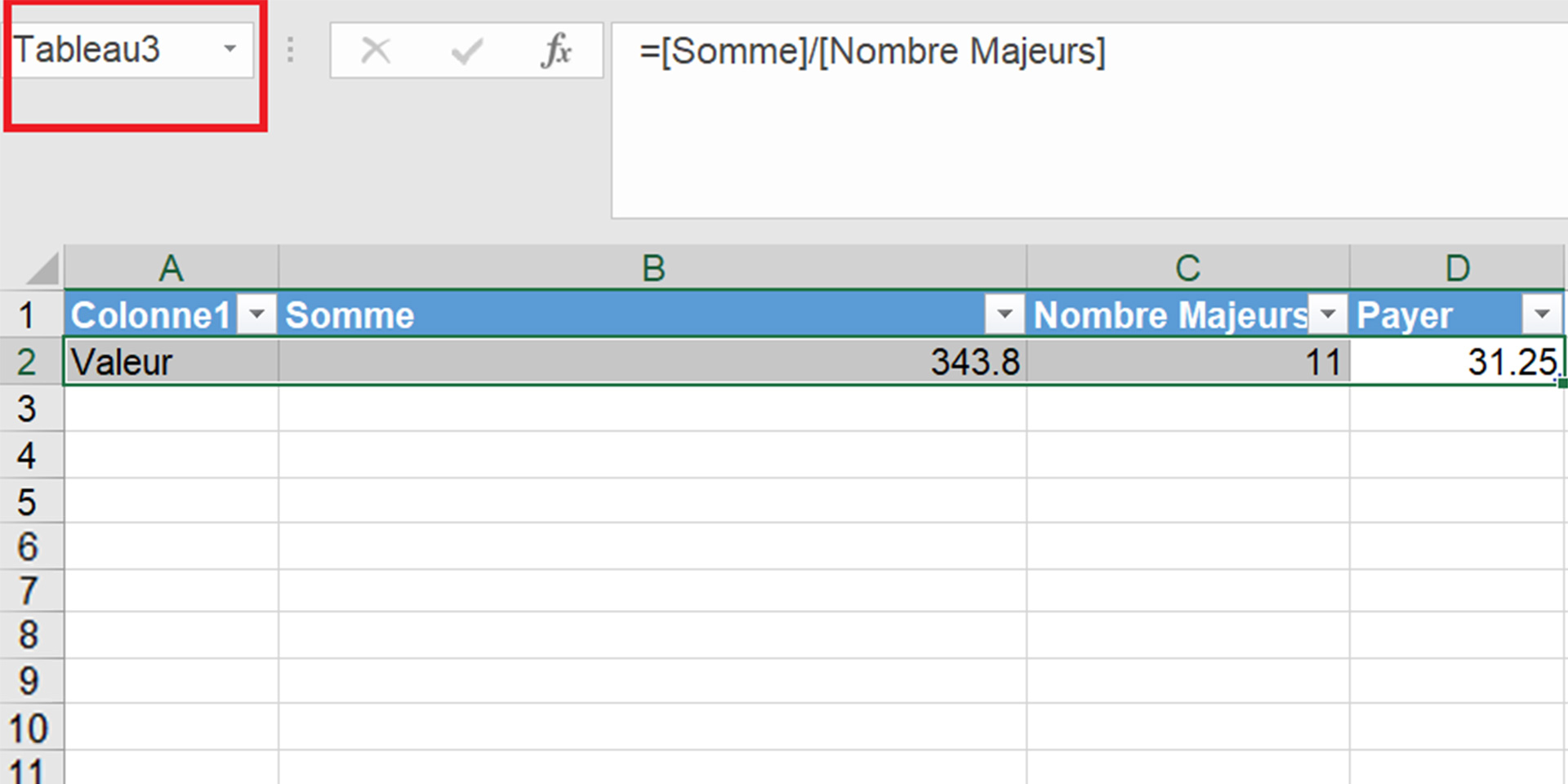 Tableau Excel avec des données sélectionnées et le nom du tableau encadré en haut à gauche.