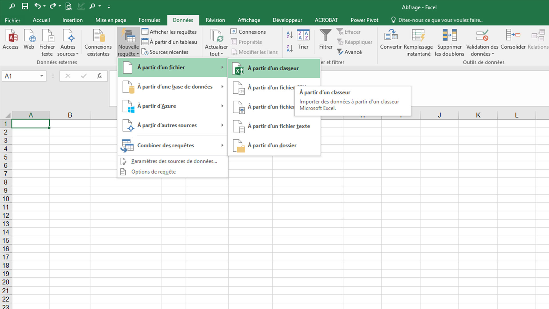 Tableau Excel avec l’option «Nouvelle requête» sélectionnée.