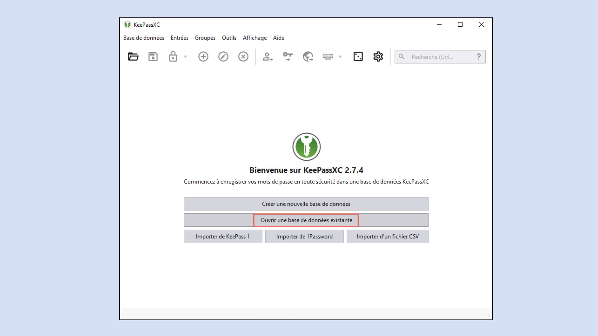 Interface de l’application KeePassXC avec la fonction « Ouvrir une base de données existante » entourée en rouge.
