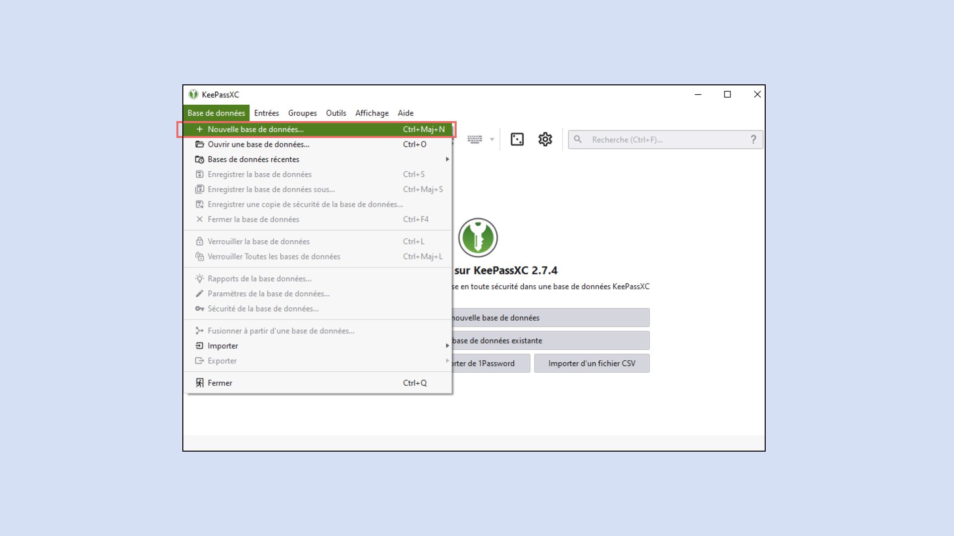 Interface de l’application KeePassXC avec le point de menu « Base de données » et l’option « Nouvelle base de données... » entourée en rouge.