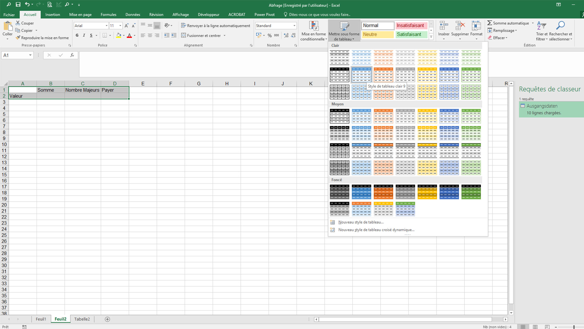 Tableau Excel avec l’onglet «Accueil» et la fenêtre de sélection «Mettre sous forme de tableau» ouverte.